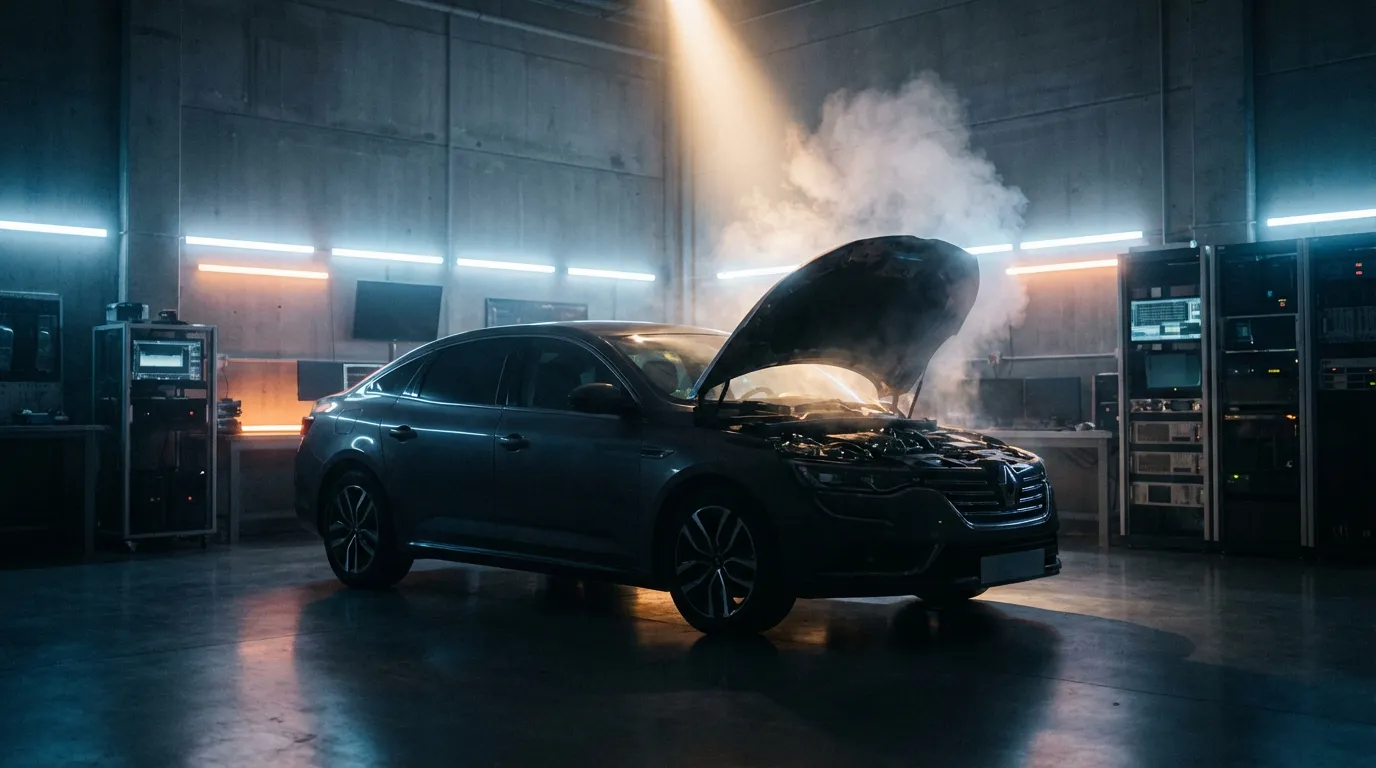 Vue cinématique d'une Renault capot ouvert dans un garage pour diagnostic du code défaut DF027