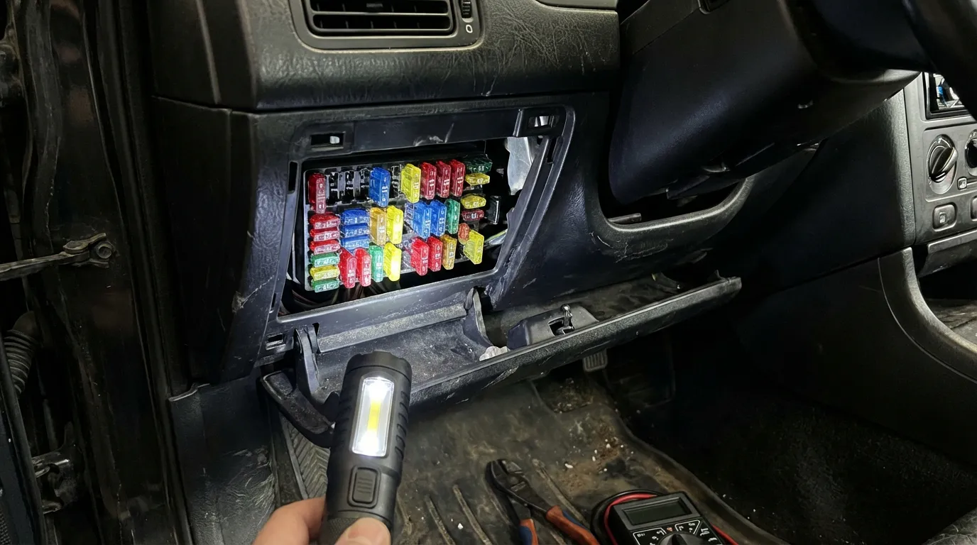 Emplacement de la boîte à fusibles sous le volant d'une voiture