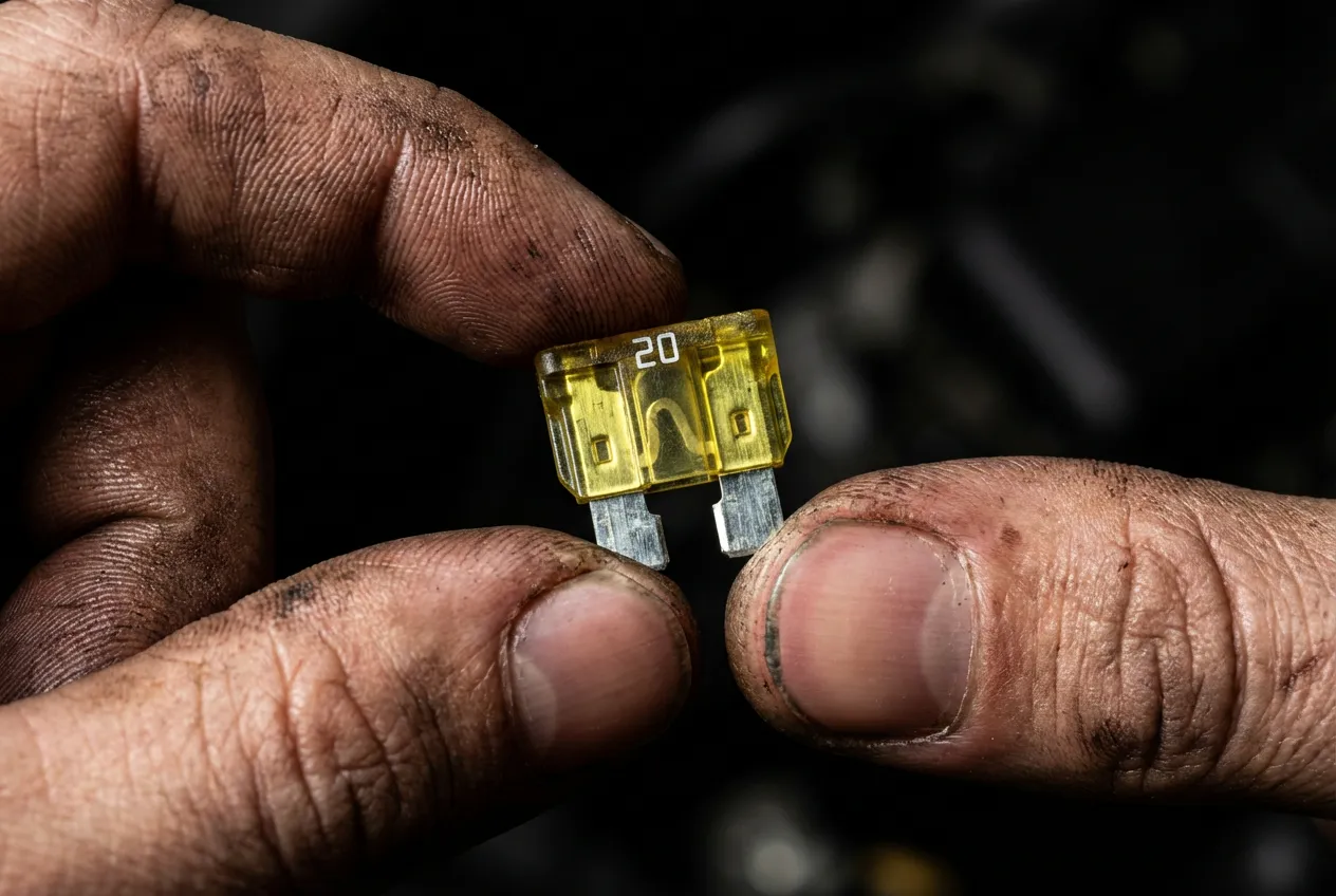 Fusible lève-vitre Clio 2 : Emplacement et Schéma Gros plan sur un fusible automobile plat tenu par une main