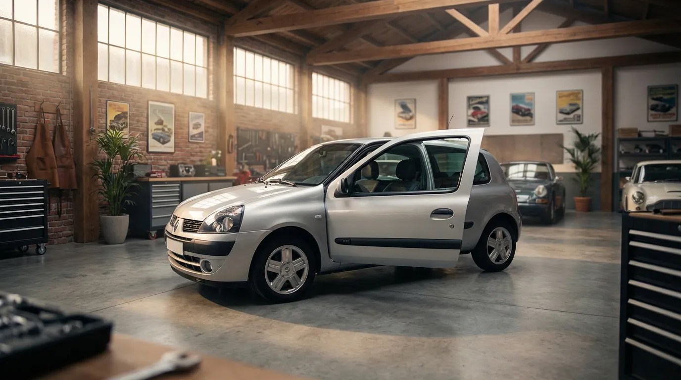 Vue cinématique d'une Renault Clio 2 dans un garage pour réparation du lève-vitre