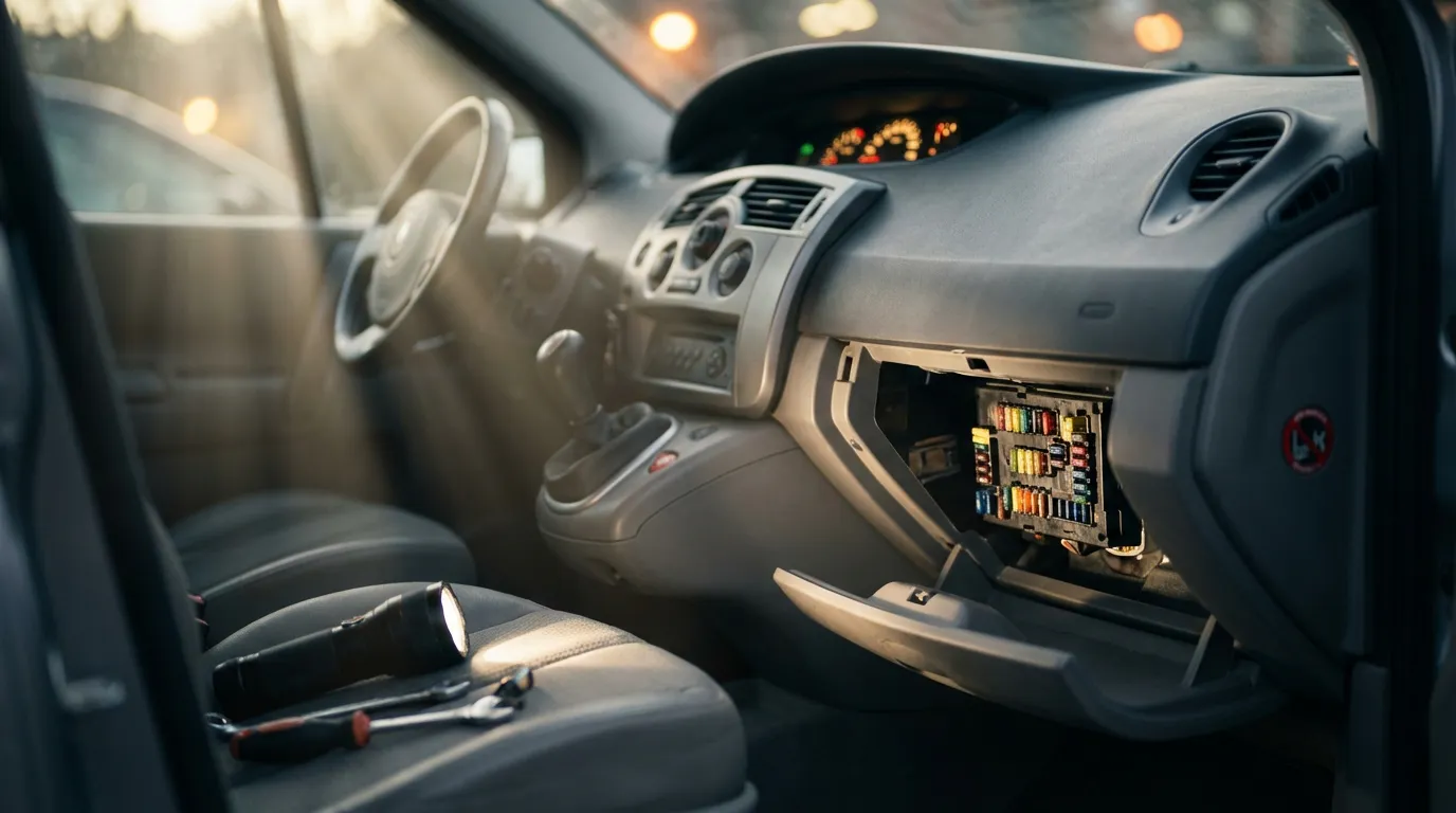Vue cinématique de l'intérieur d'un Renault Scenic 2, mettant en lumière la zone de la boîte à fusibles pour un guide de réparation.