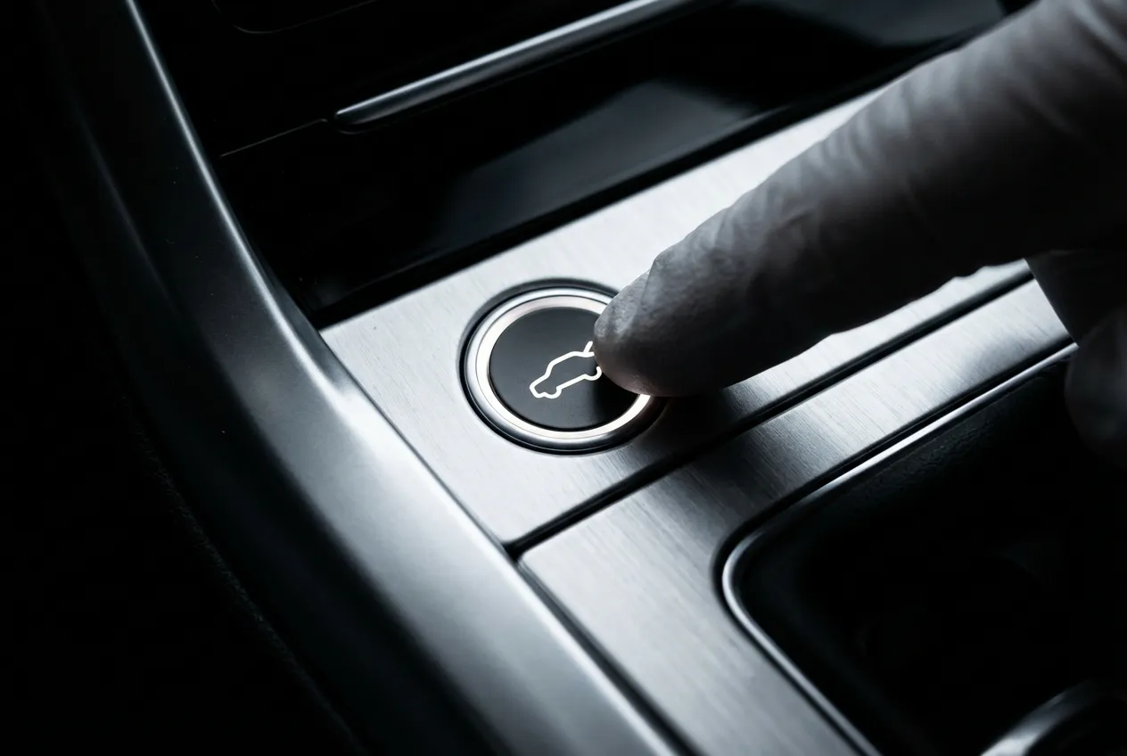 Hayon électrique ne fonctionne plus ? Causes et Solutions Gros plan sur un doigt appuyant sur le bouton d'ouverture du coffre électrique