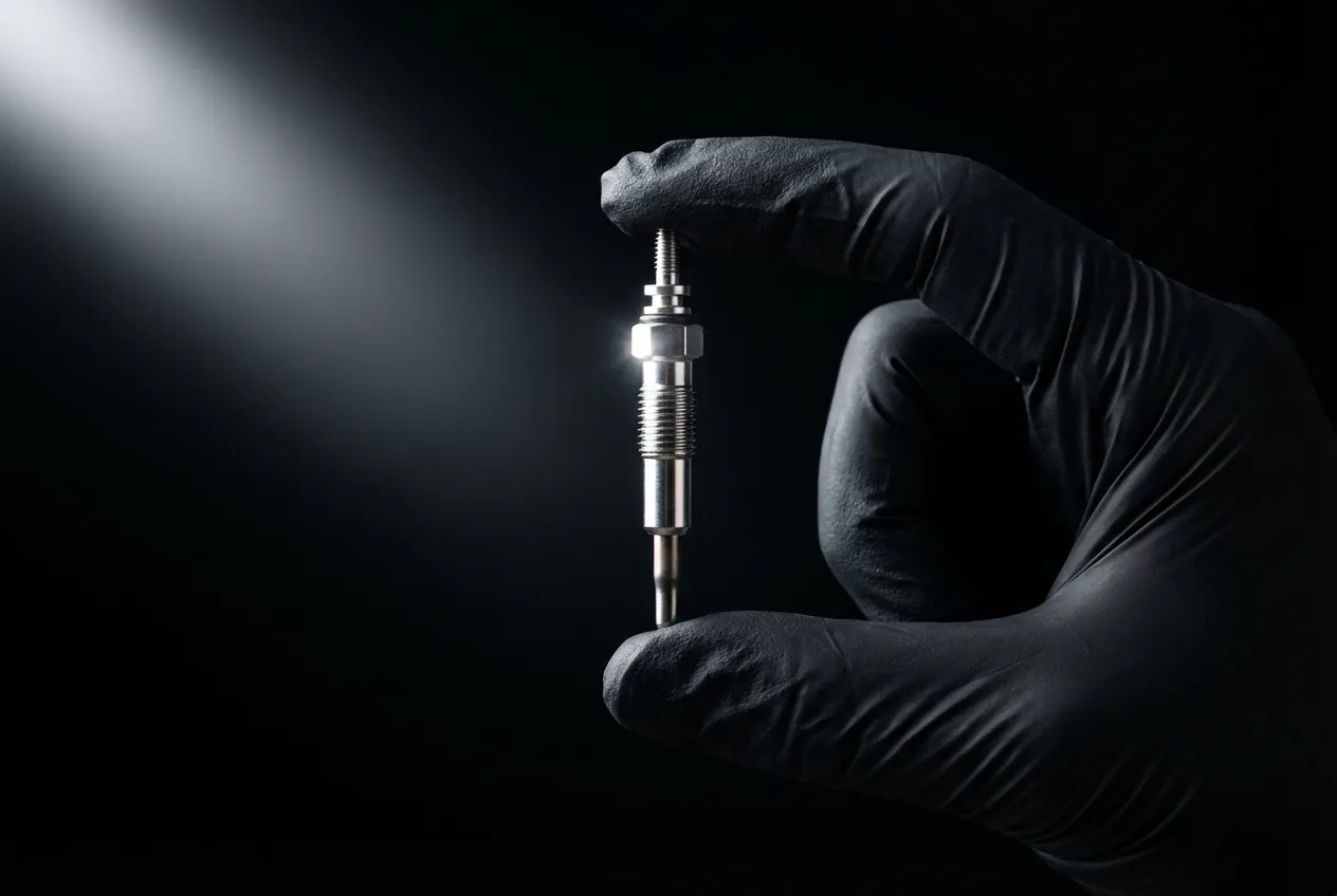 Gros plan iconique d'une bougie de préchauffage neuve, pièce clé liée au code erreur P0670, sur un fond noir.