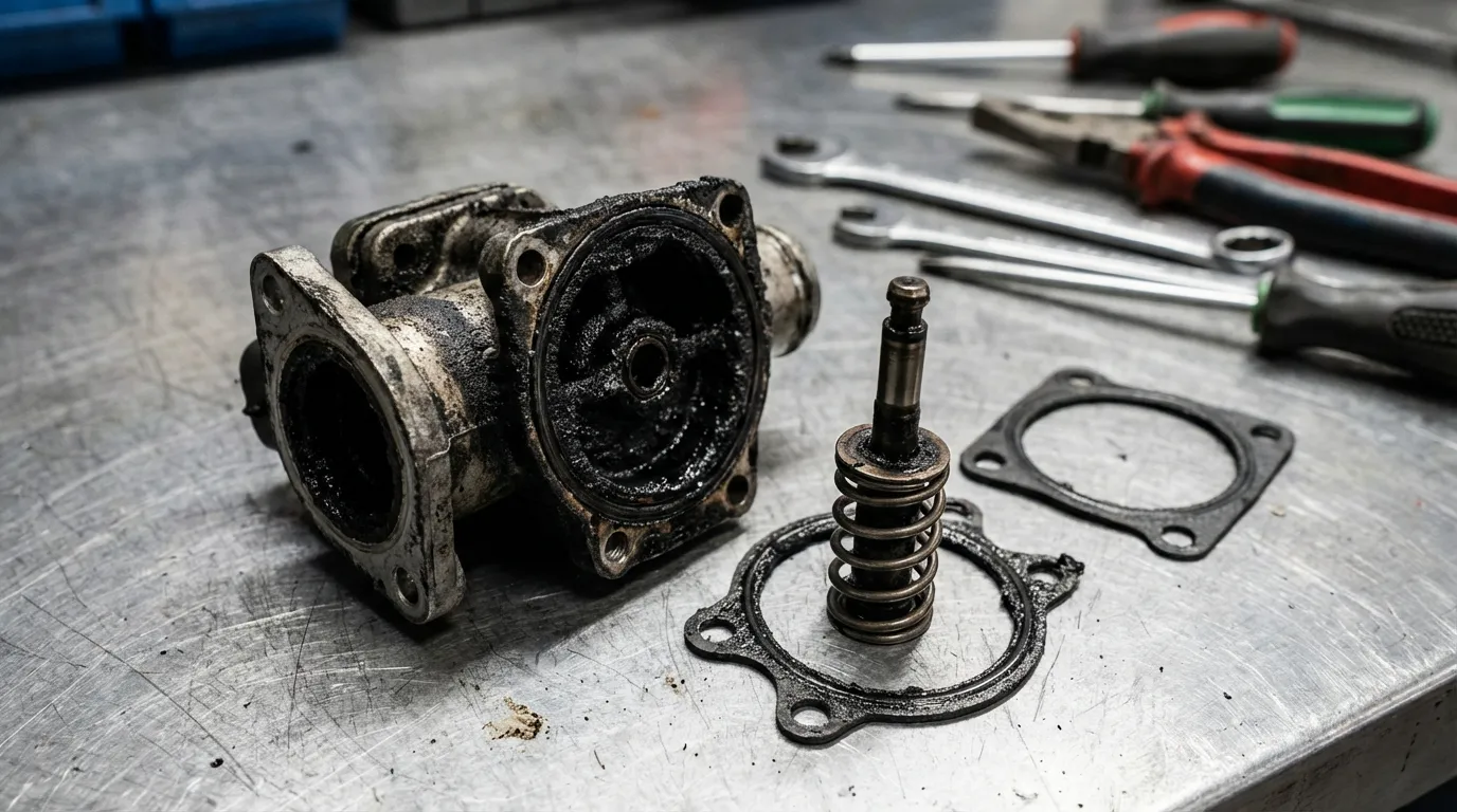 Vanne EGR démontée et encrassée par la calamine sur un établi de mécanicien