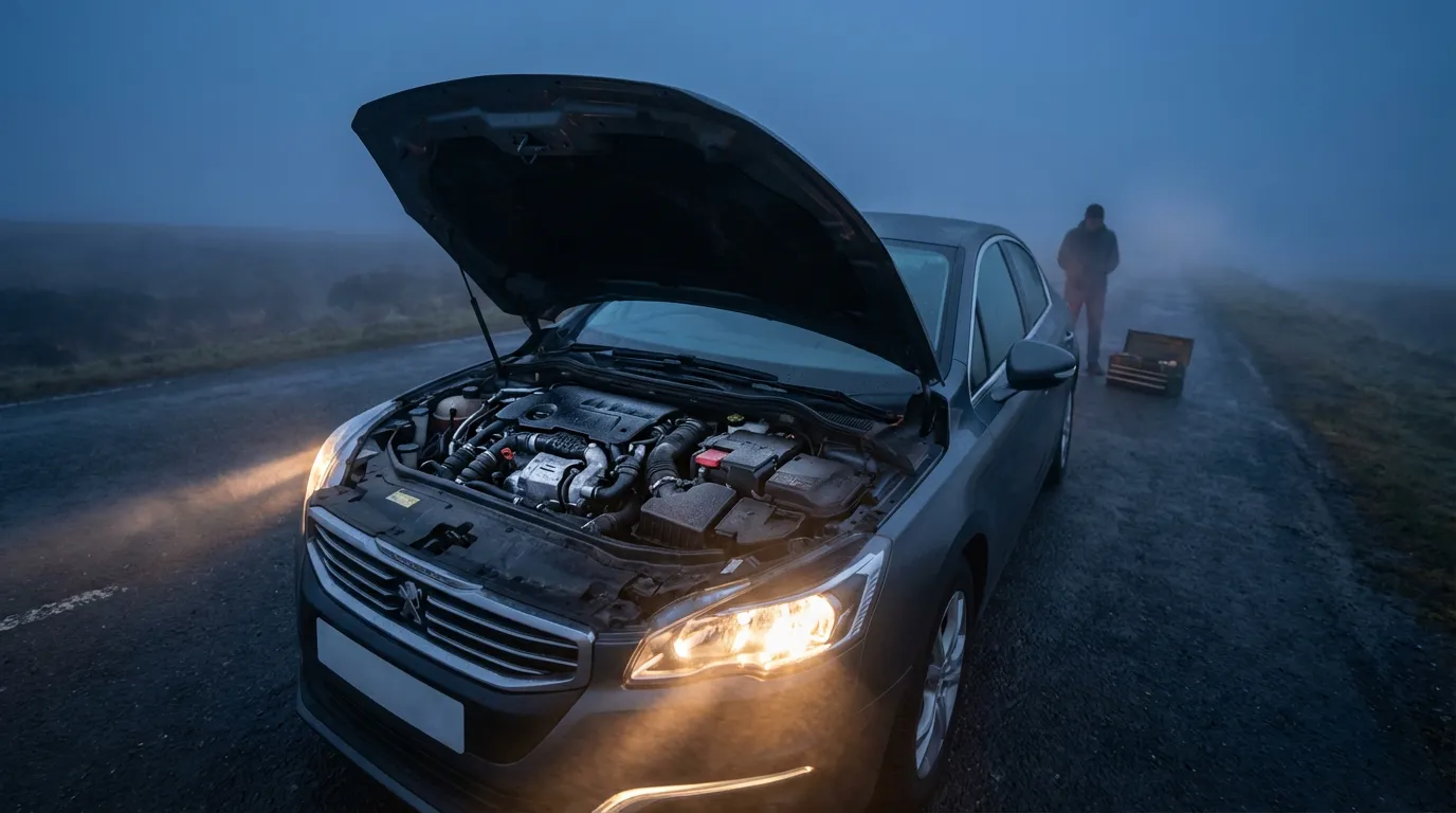 Voiture en panne capot ouvert sur une route brumeuse symbolisant la perte de puissance moteur