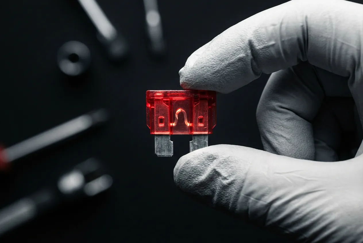 Gros plan iconique d'un fusible automobile tenu par un mécanicien, représentant le diagnostic d'une panne électrique.