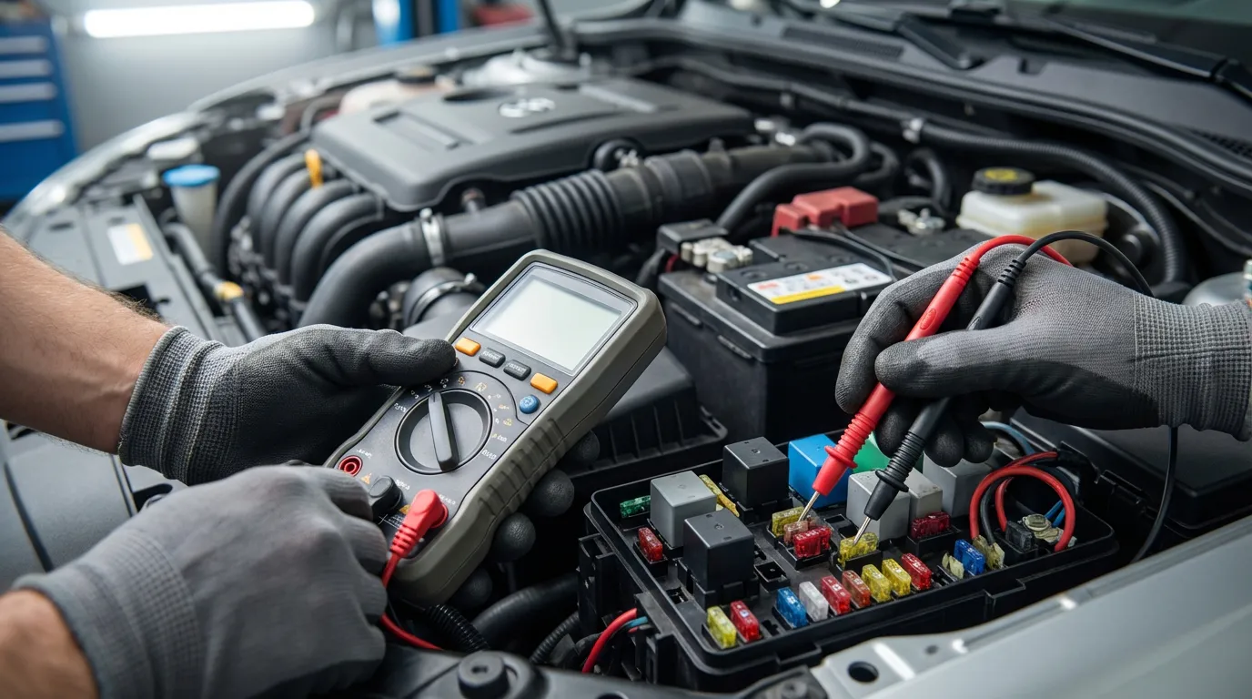 Un technicien utilisant un multimètre pour diagnostiquer une panne électrique sur la boîte à fusibles d'un véhicule, une étape clé pour le plus après contact.