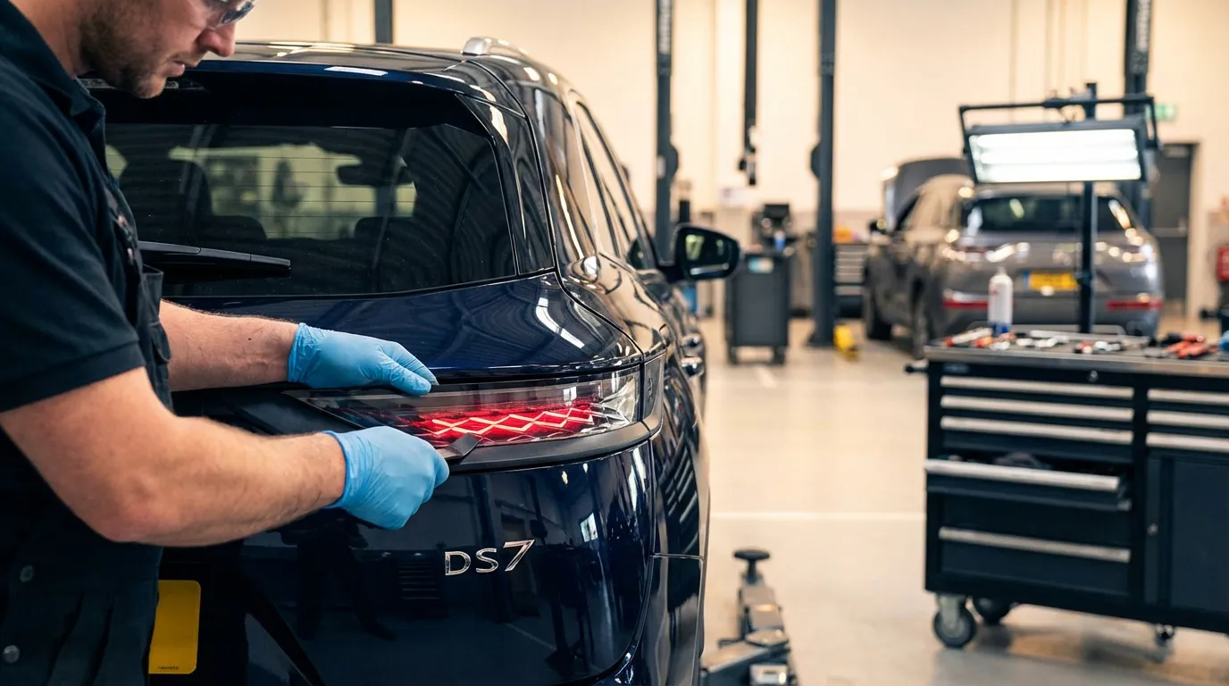 Mécanicien professionnel en train de démonter le bloc optique arrière d'une DS7