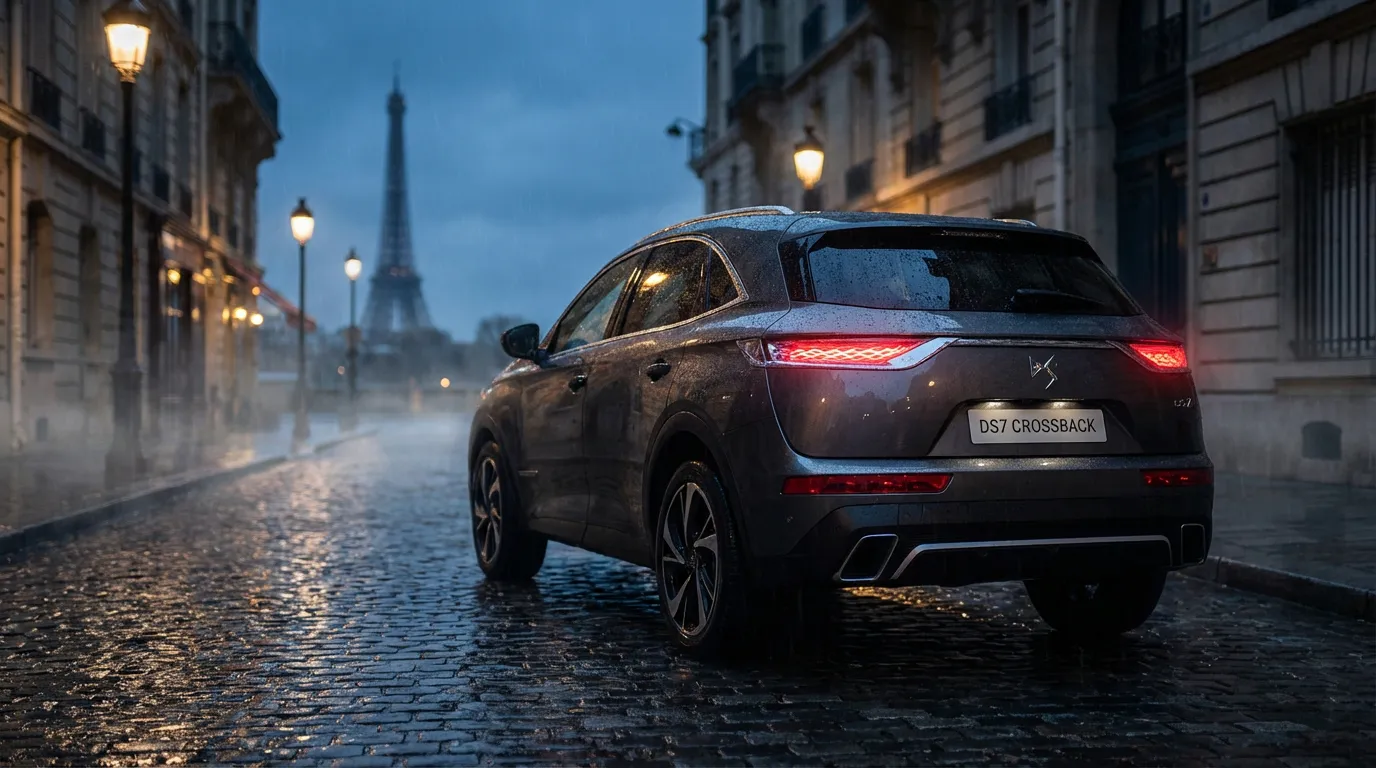 Vue arrière d'un SUV DS7 Crossback sous la pluie mettant en valeur les feux arrière allumés
