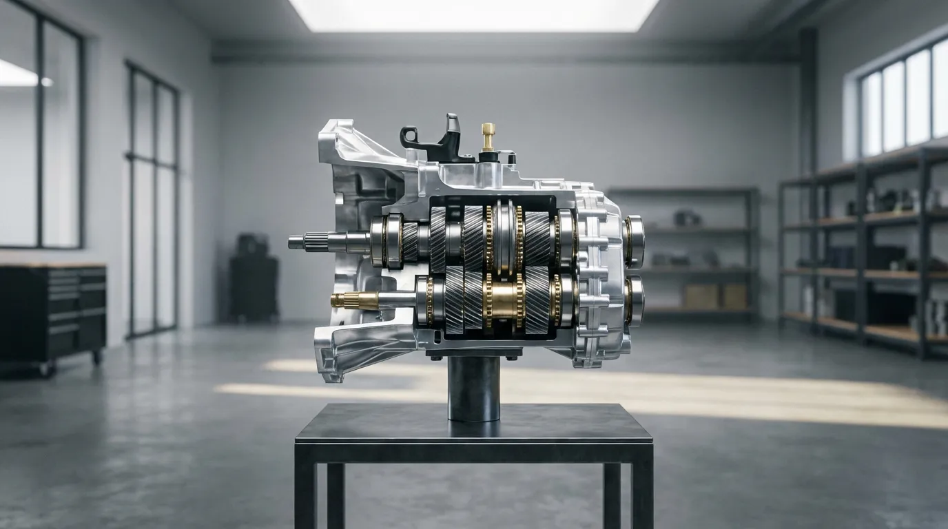 Vue cinématique et détaillée de la boîte de vitesse d'une Peugeot 308 1.6 HDI, présentée de manière artistique dans un garage moderne et épuré.