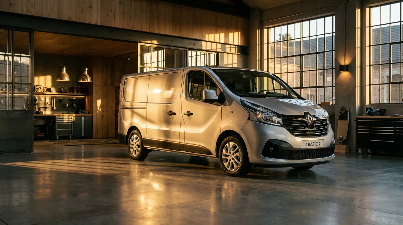 Vue cinématique d'un Renault Trafic 2 dans un garage moderne avec un éclairage dramatique
