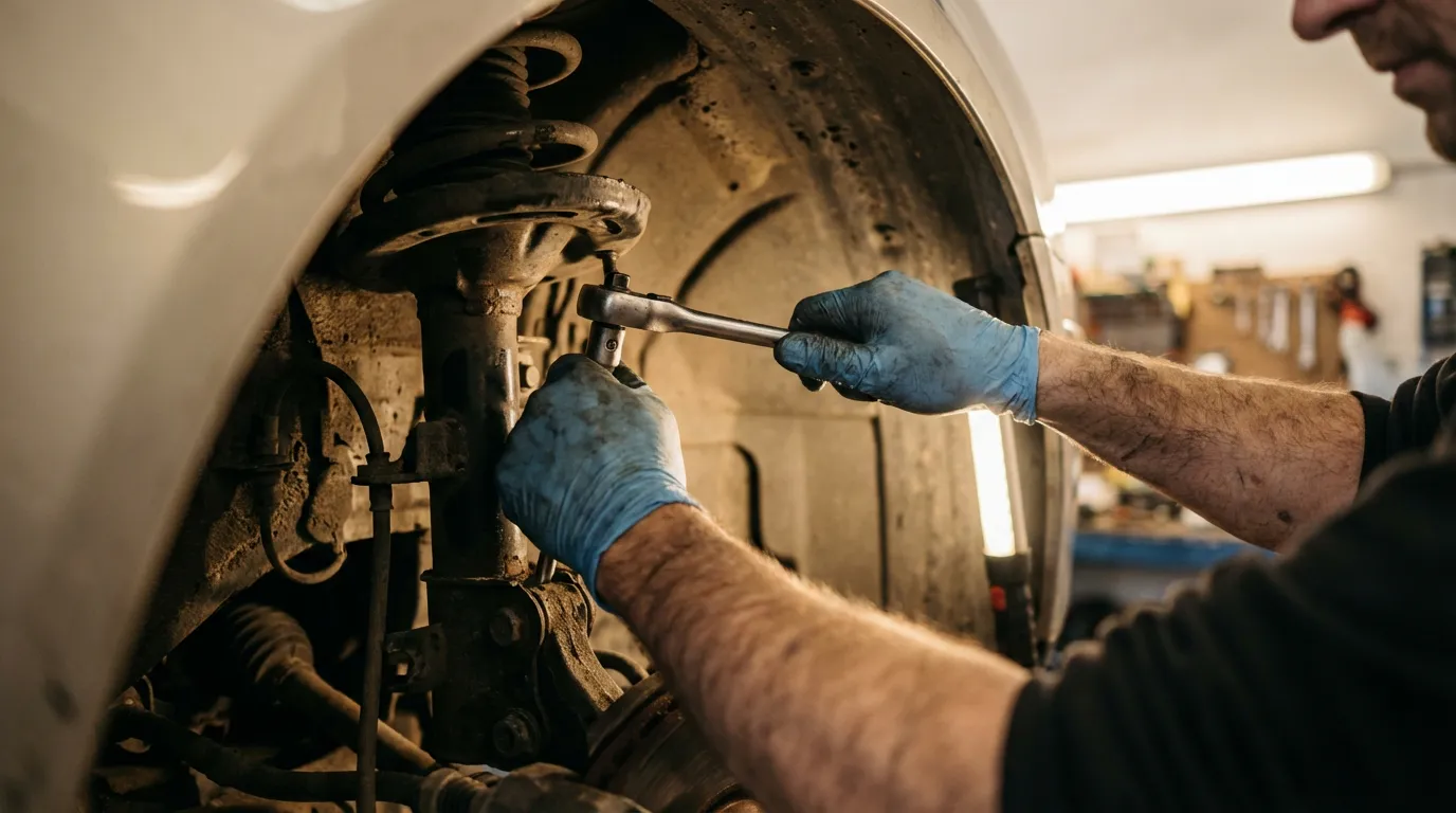 Mécanicien en train de resserrer une coupelle d'amortisseur sous l'aile