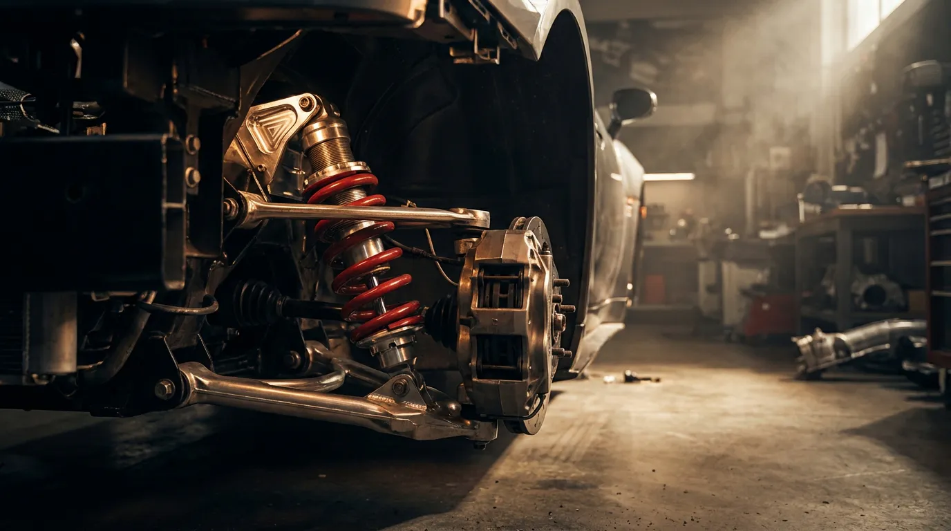 Vue artistique d'une suspension automobile et de la coupelle d'amortisseur