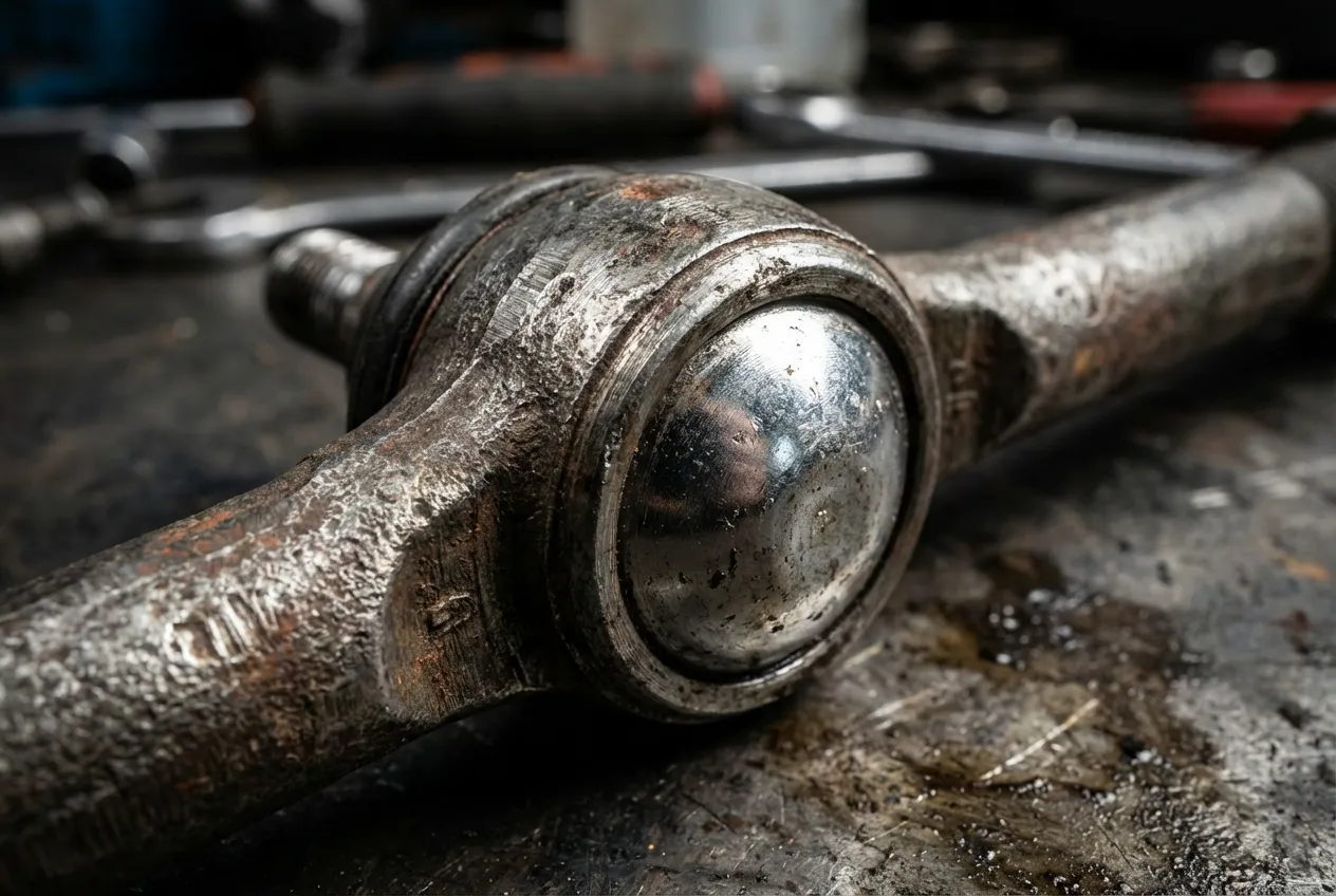 Rotule de direction cassée : symptômes, risques et prix Gros plan macro sur une rotule de direction endommagée et usée.