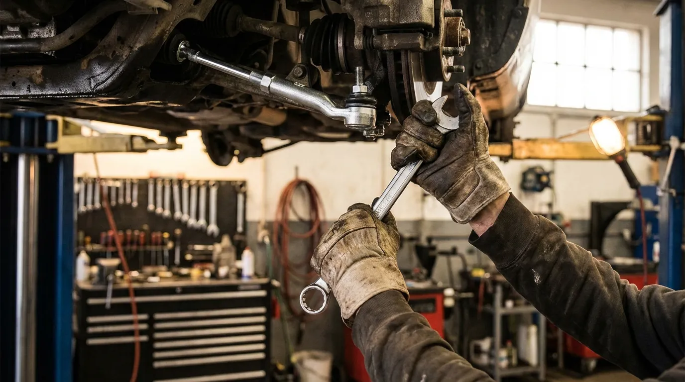 Mains d'un mécanicien remplaçant une rotule de direction dans un garage professionnel.