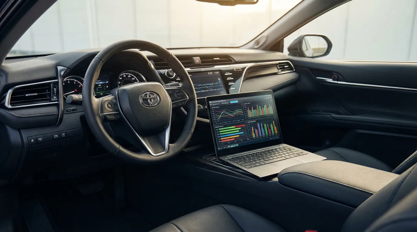 Intérieur de véhicule Toyota avec ordinateur portable affichant un bilan de santé Techstream