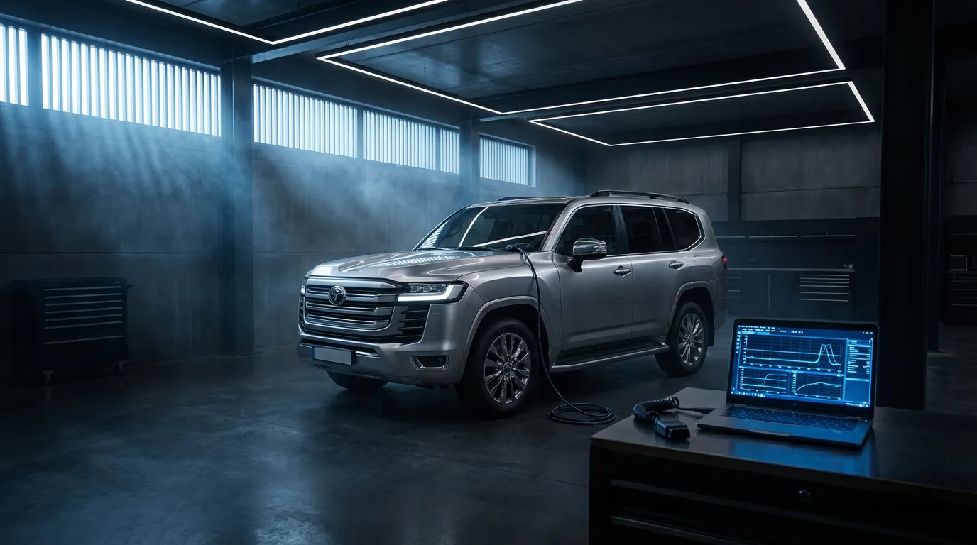 Toyota Land Cruiser dans un garage moderne connecté à un logiciel de diagnostic Techstream