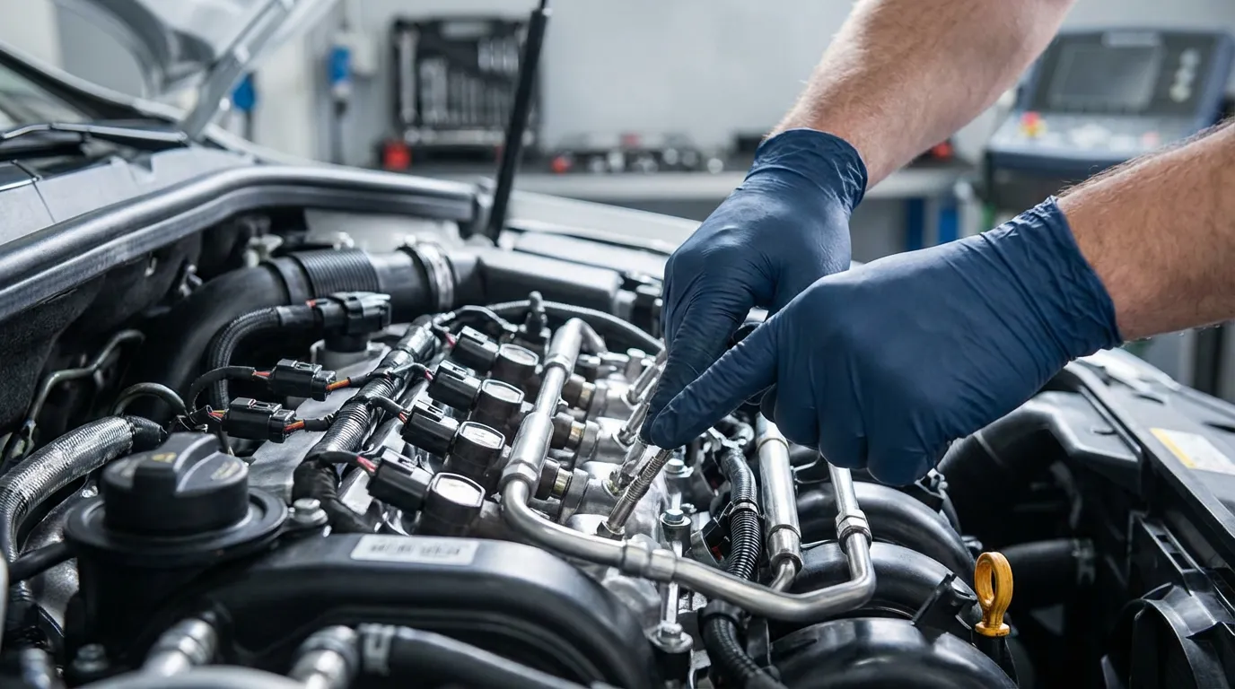 Gros plan sur un mécanicien inspectant les bougies de préchauffage dans le compartiment moteur d'un véhicule diesel, une des causes de la perte de puissance.